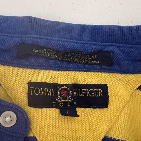 Tommy Hilfiger Polo Golf Shirt Mens L Short Sleeve Yellow Blue Striped Club Logo - Picture 5 of 10